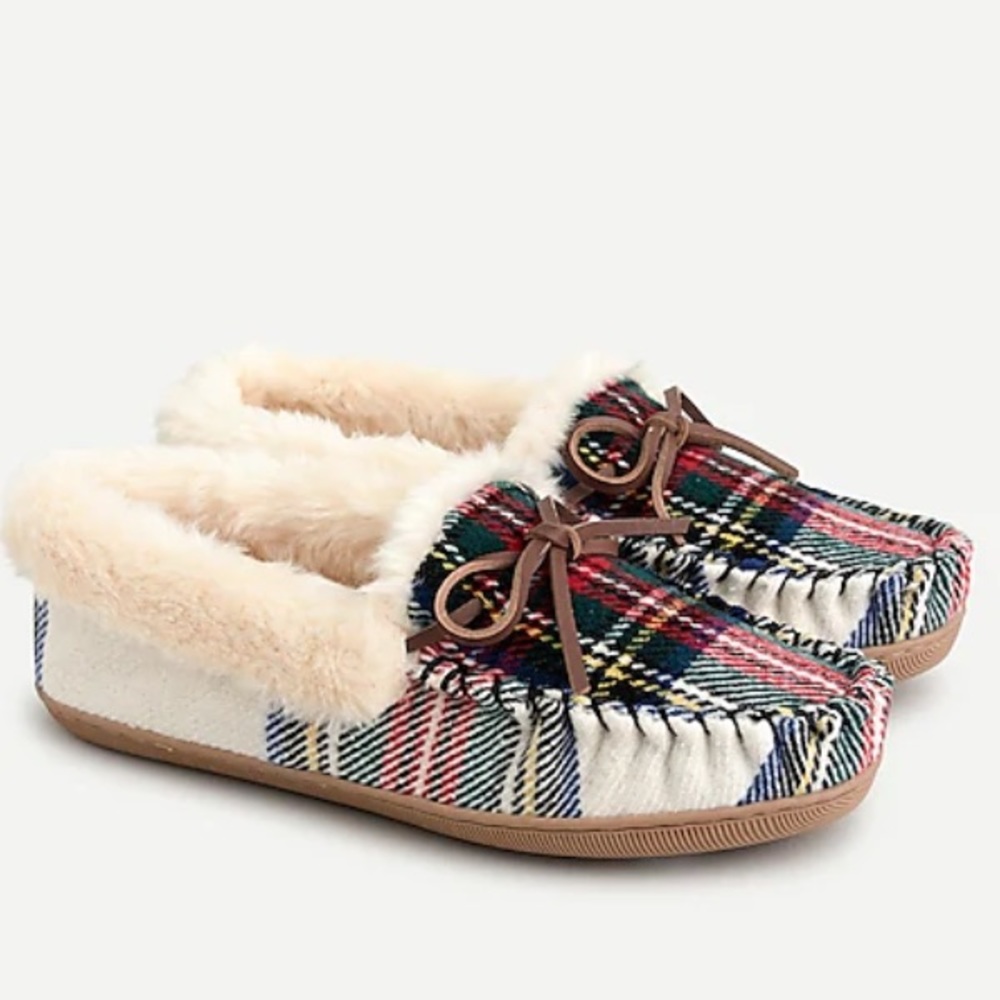 J Crew Tartan plaid faux-shearling slippers NWT